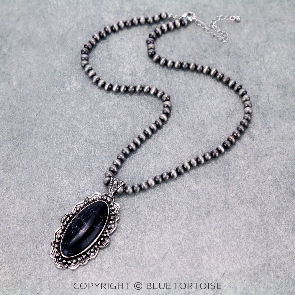 Navajo Style Bead with Stone Pendant Necklace