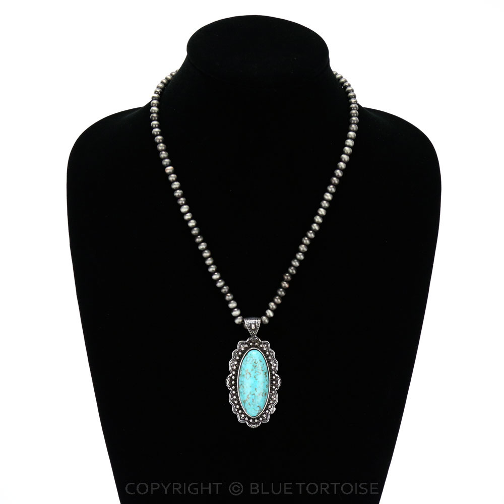 Navajo Style Bead with Stone Pendant Necklace - Image 2