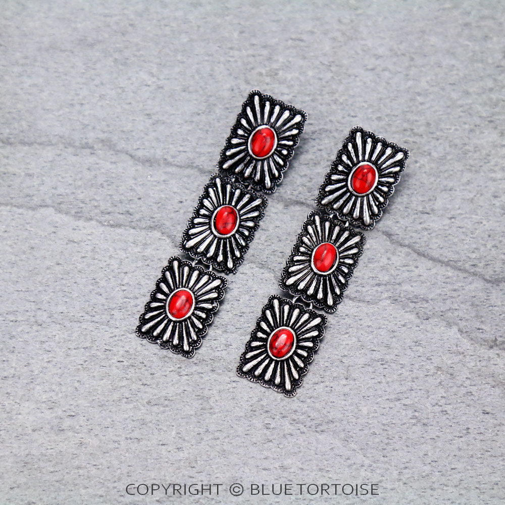 Western Rectangle Concho 3 Drop Stud Earrings