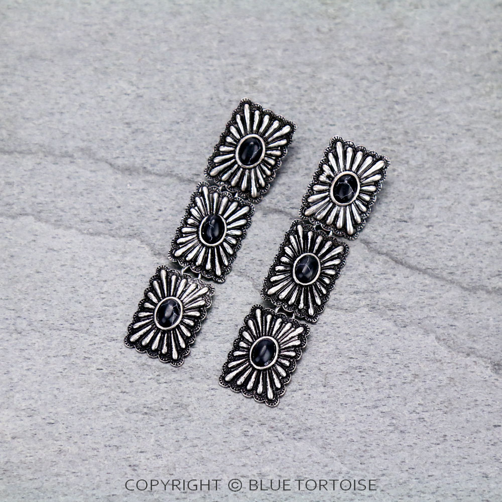 Western Rectangle Concho 3 Drop Stud Earrings