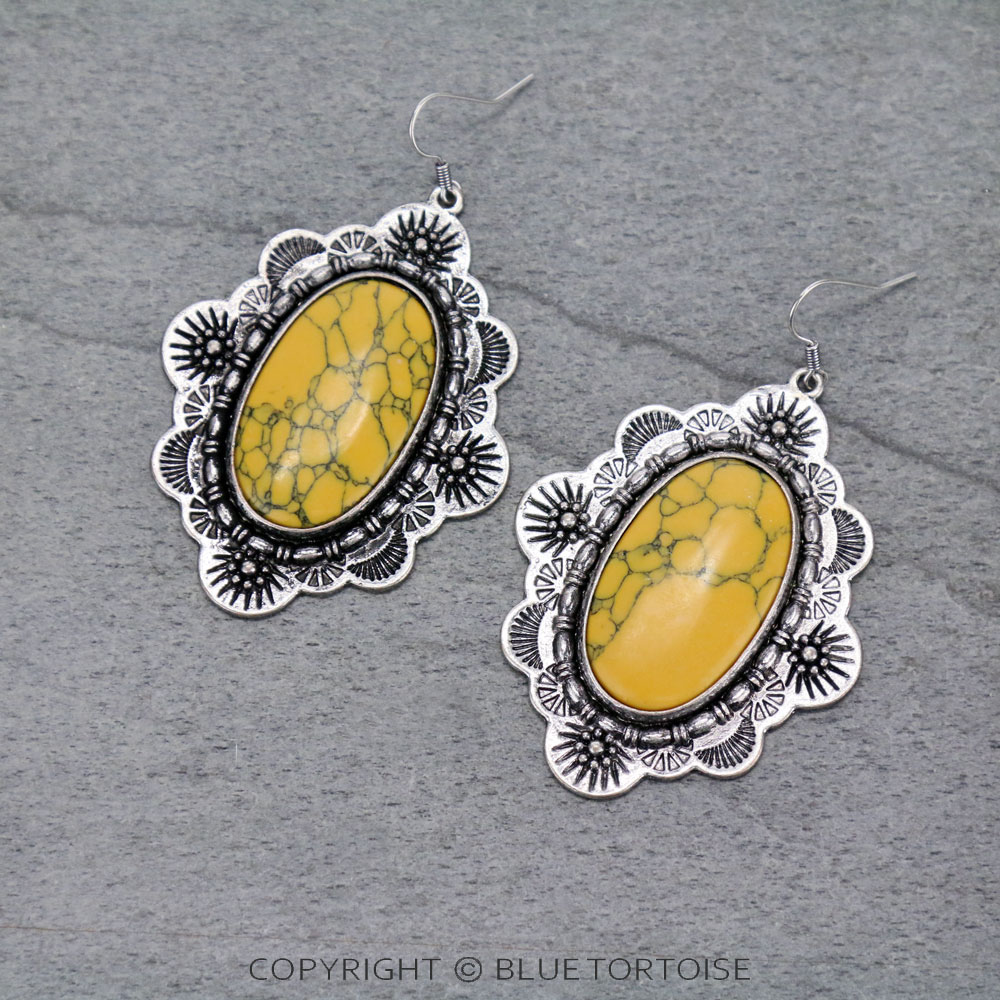 Western Large Oval Stone Concho Dangle Earrings