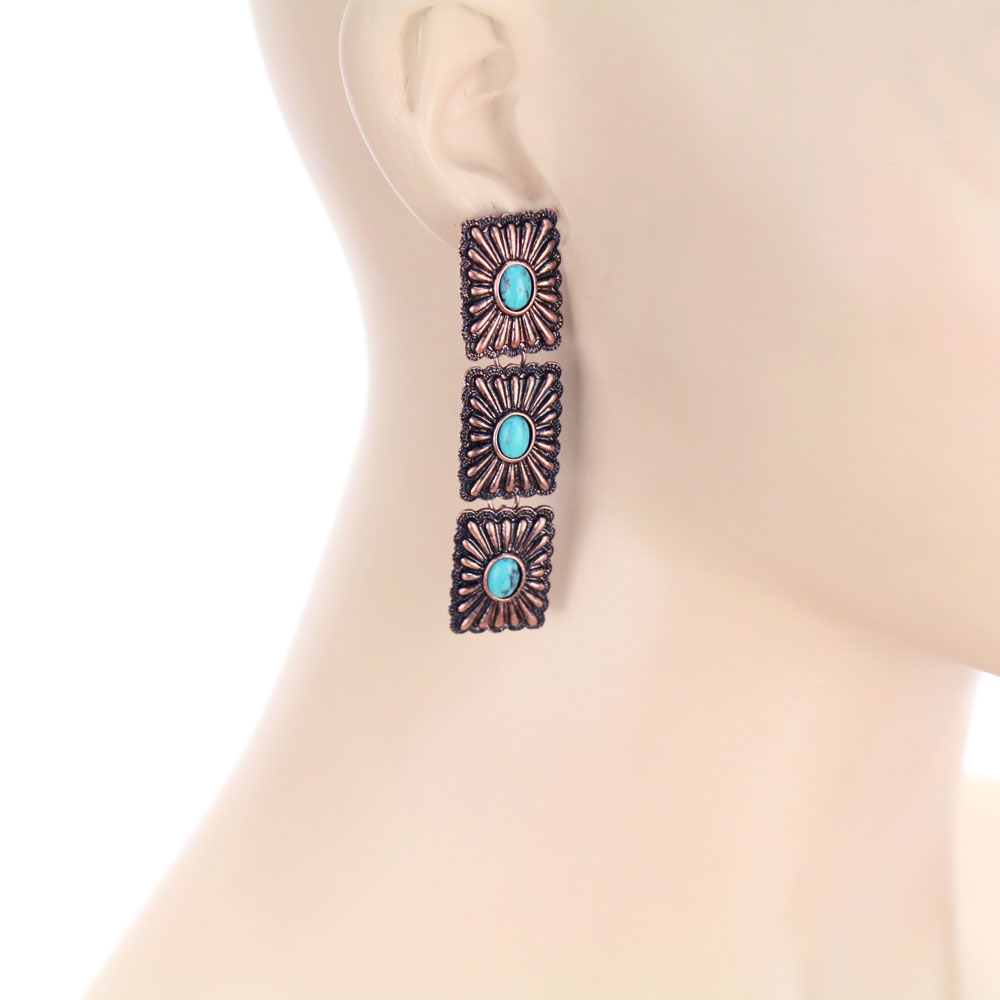Western Rectangle Concho 3 Drop Stud Earrings - Image 2