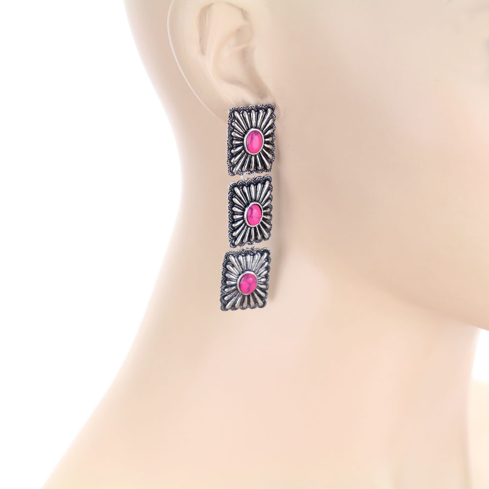 Western Rectangle Concho 3 Drop Stud Earrings - Image 2
