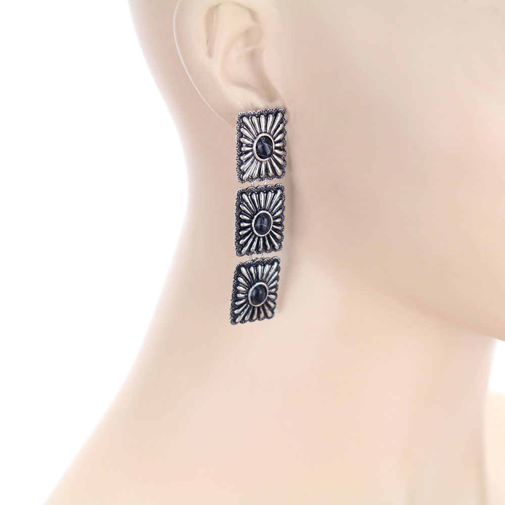 Western Rectangle Concho 3 Drop Stud Earrings - Image 2
