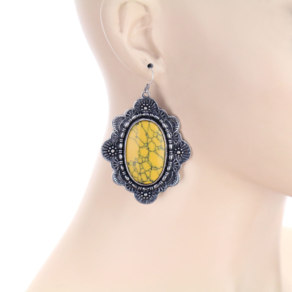 Western Large Oval Stone Concho Dangle Earrings - Image 2