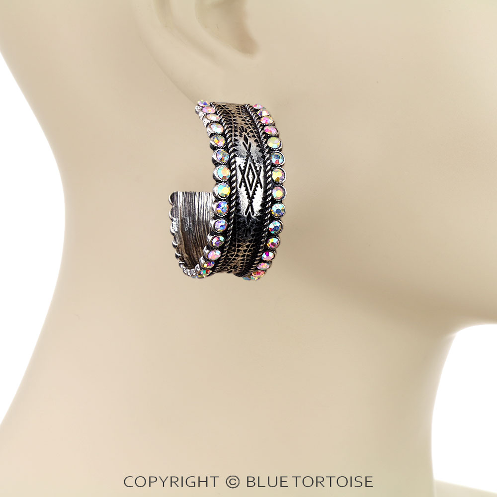 Western Aztec Pattern Stone Hoop Earrings - Image 2