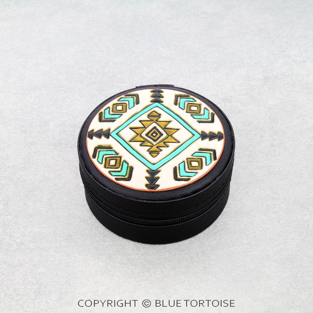 Western Tooled Leather Travel Jewelry Box - Aztec