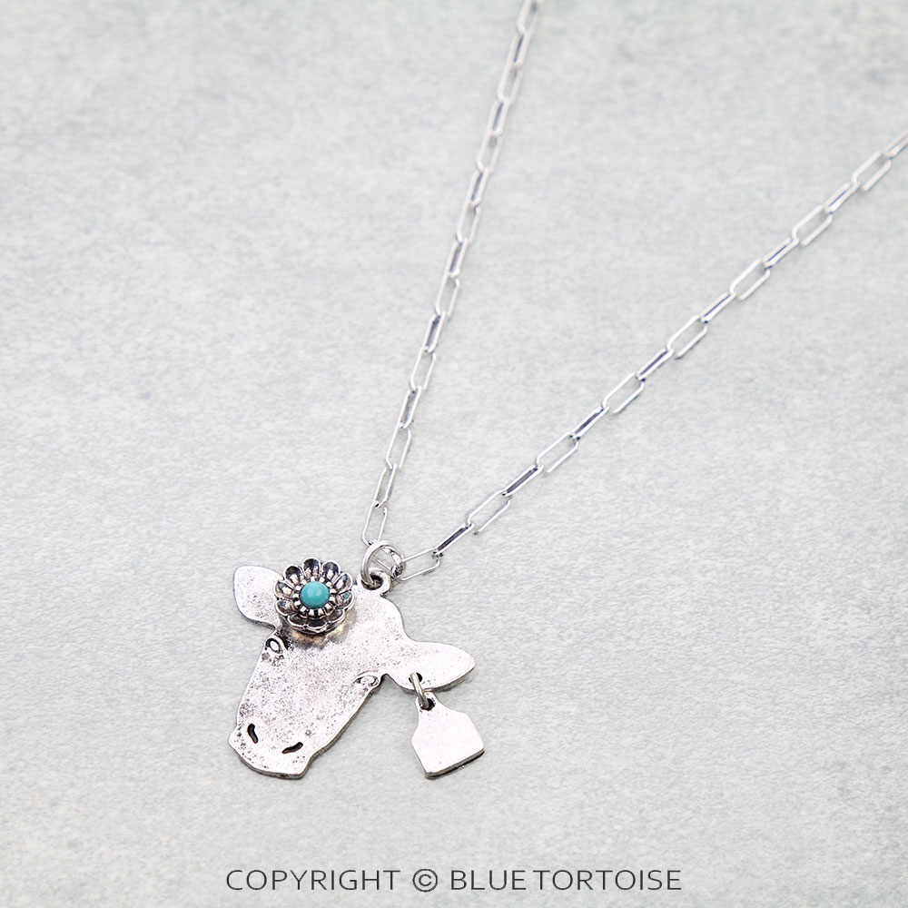 Western Flower Cow Head Stone Necklace - Image 3