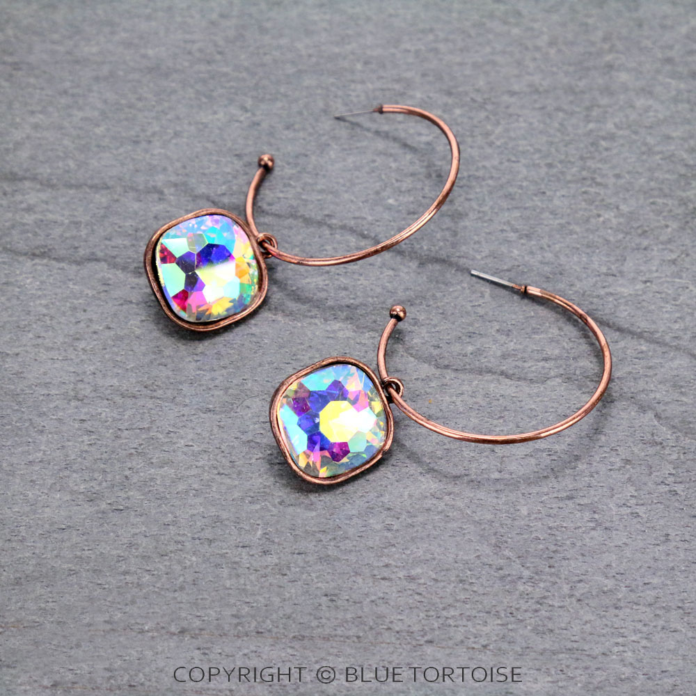 Glass Stone Dangle Hoop Earrings