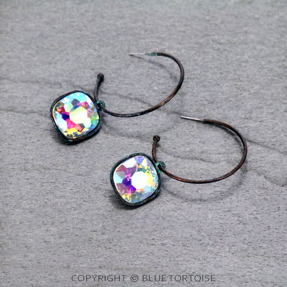 Glass Stone Dangle Hoop Earrings