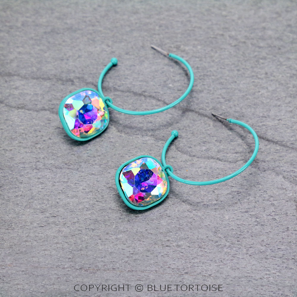Glass Stone Dangle Hoop Earrings