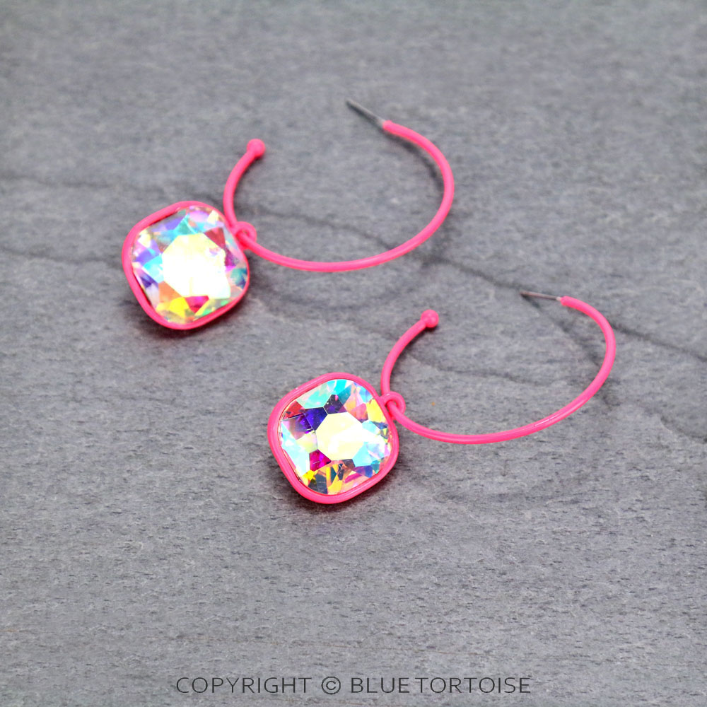 Glass Stone Dangle Hoop Earrings