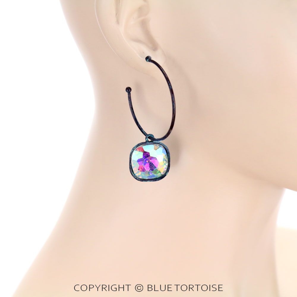 Glass Stone Dangle Hoop Earrings - Image 2