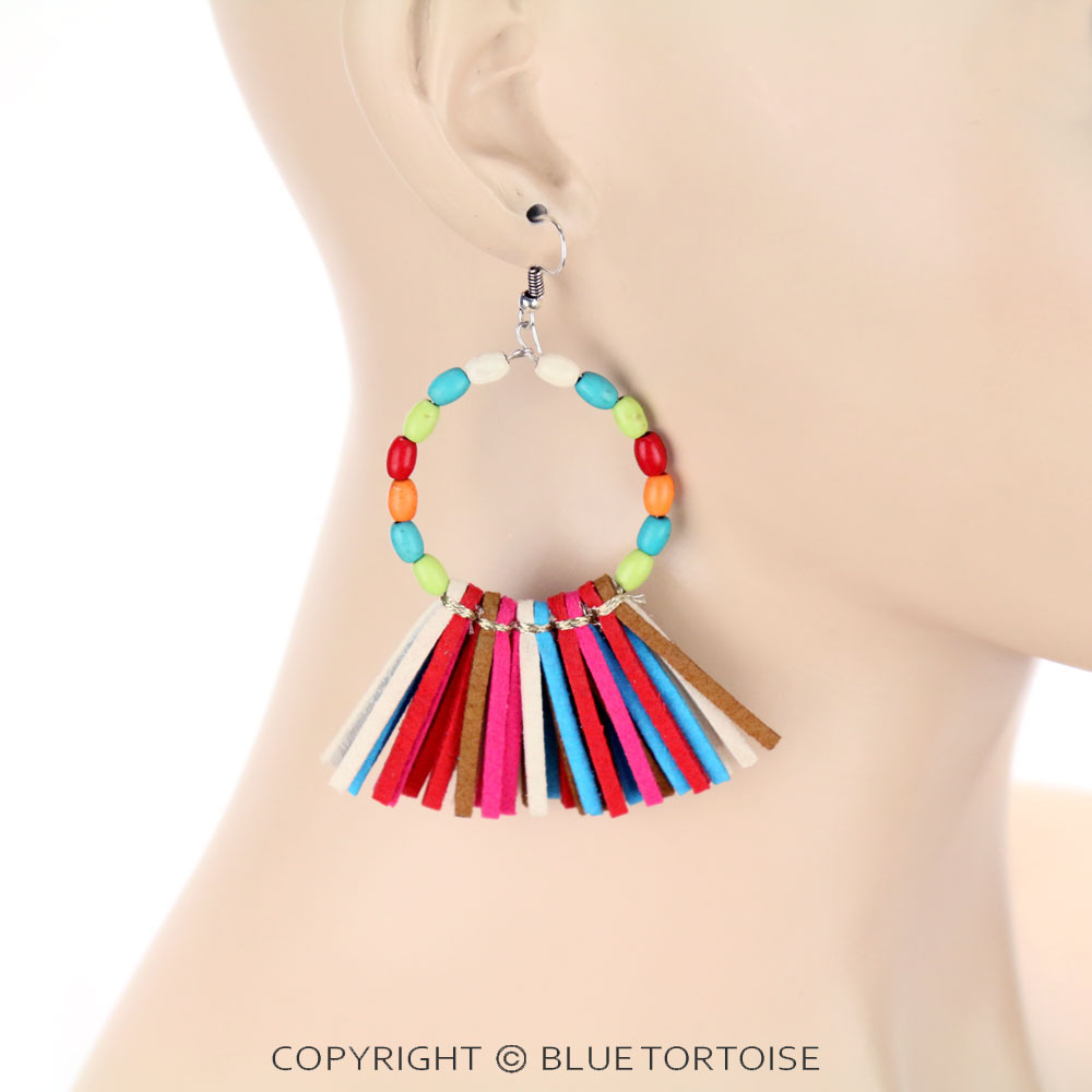 Stone Beaded Hoop with Leather Tassel Dangle Earrings - Image 2
