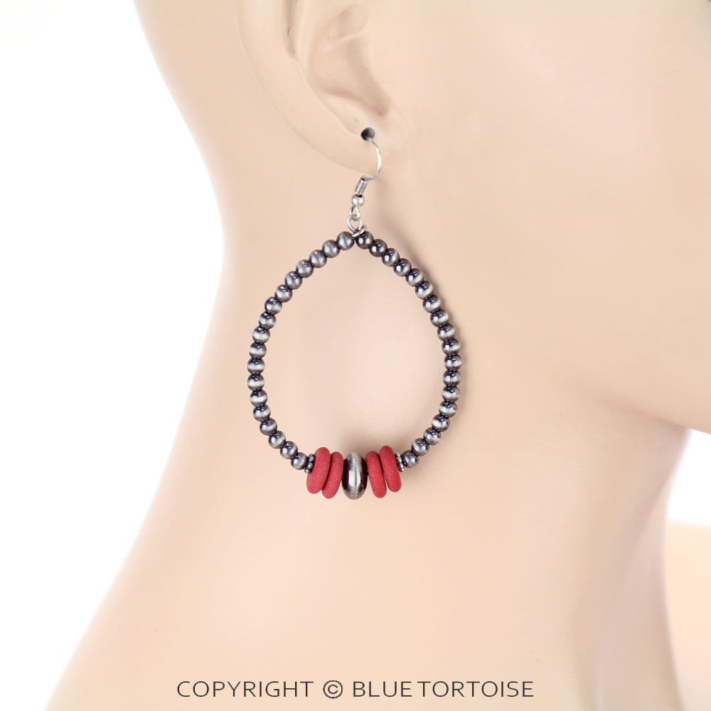 Navajo Style Beaded Hoop Dangle Earrings - Image 2