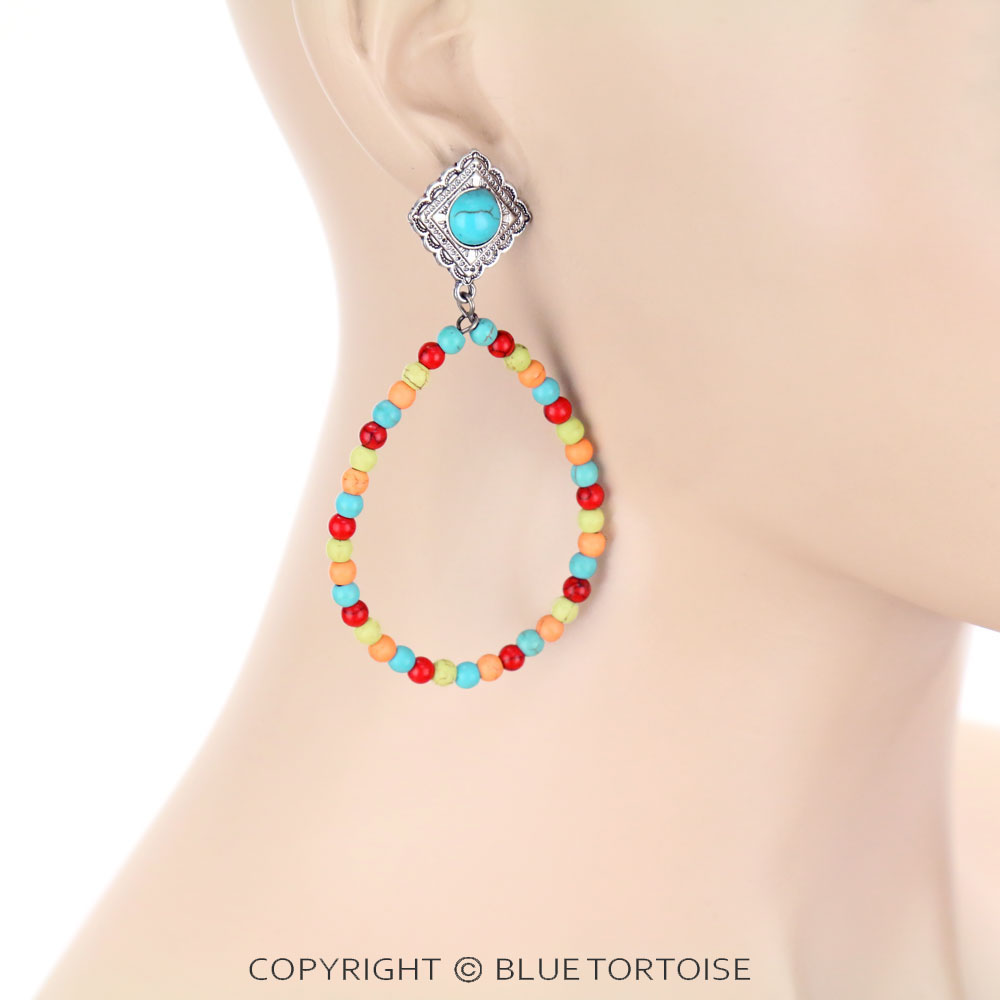Stone Beaded Teardrop with Concho Stud Earrings - Image 2