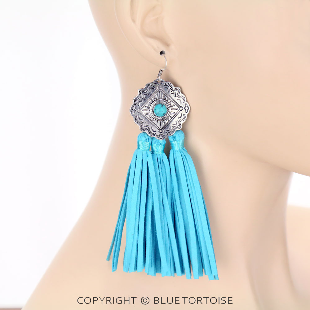 Concho with Leather Tassel Dangle Earrings - Image 2