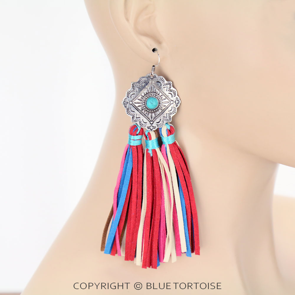 Concho with Leather Tassel Dangle Earrings - Image 2