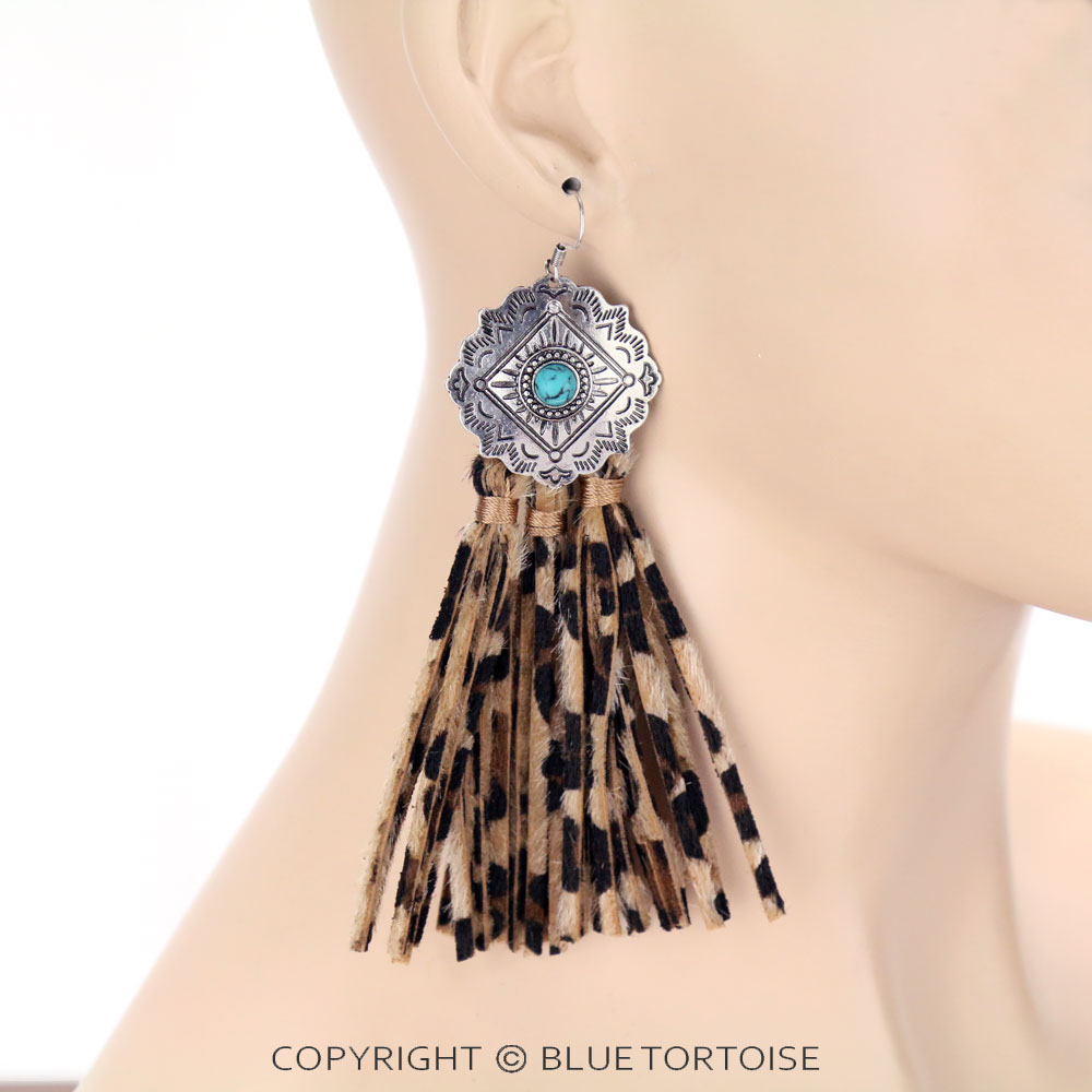 Concho with Leather Tassel Dangle Earrings - Image 2