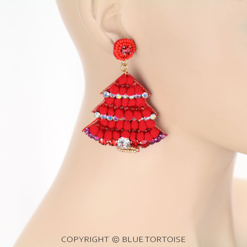 Christmas Tree Pompom Stud Earrings - Image 2