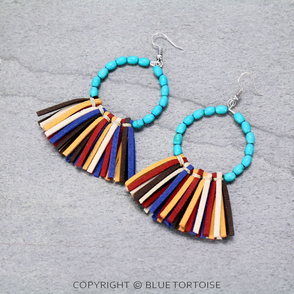 Stone Beaded Hoop with Leather Tassel Dangle Earrings