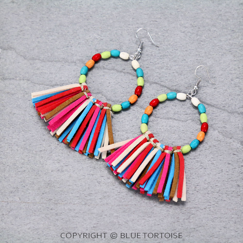 Stone Beaded Hoop with Leather Tassel Dangle Earrings
