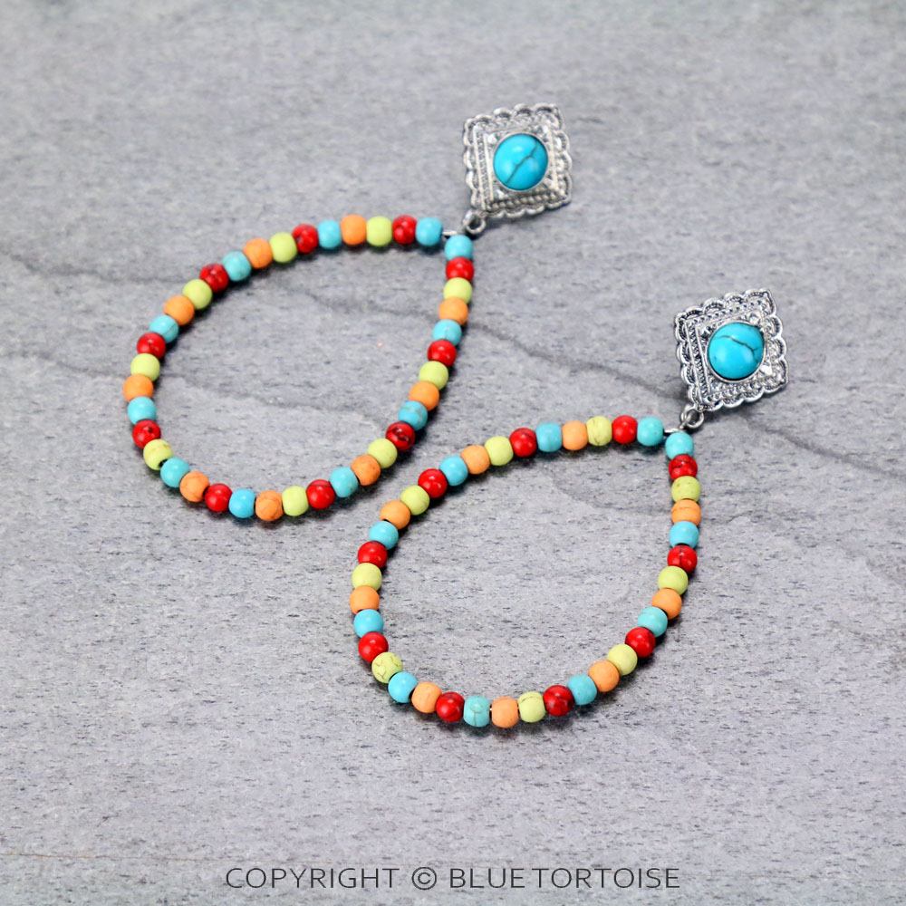 Stone Beaded Teardrop with Concho Stud Earrings