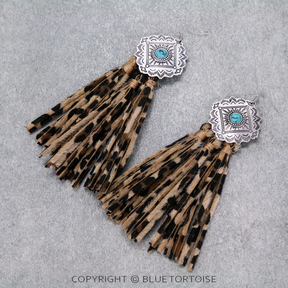 Concho with Leather Tassel Dangle Earrings