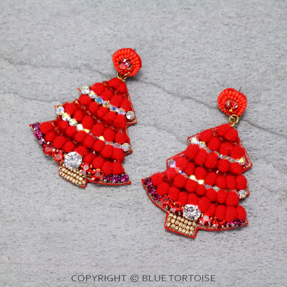 Christmas Tree Pompom Stud Earrings