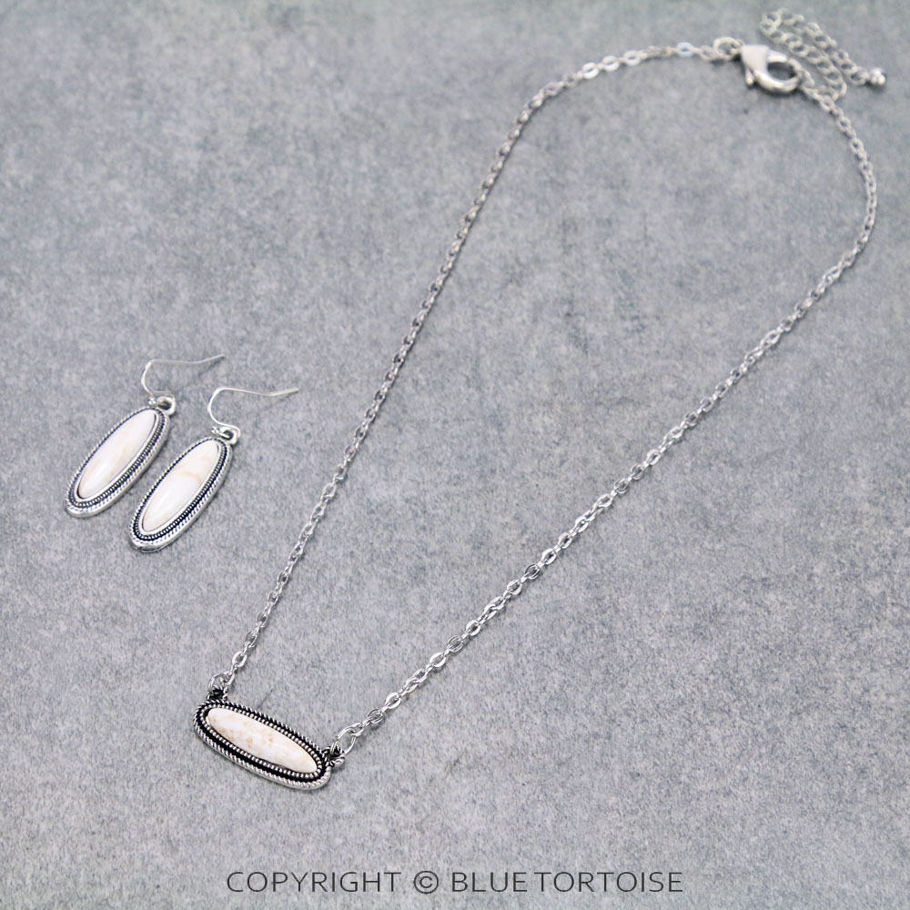 18" Long, Small Cable Chain Necklace, Natural White Stone Pendant & Earrings