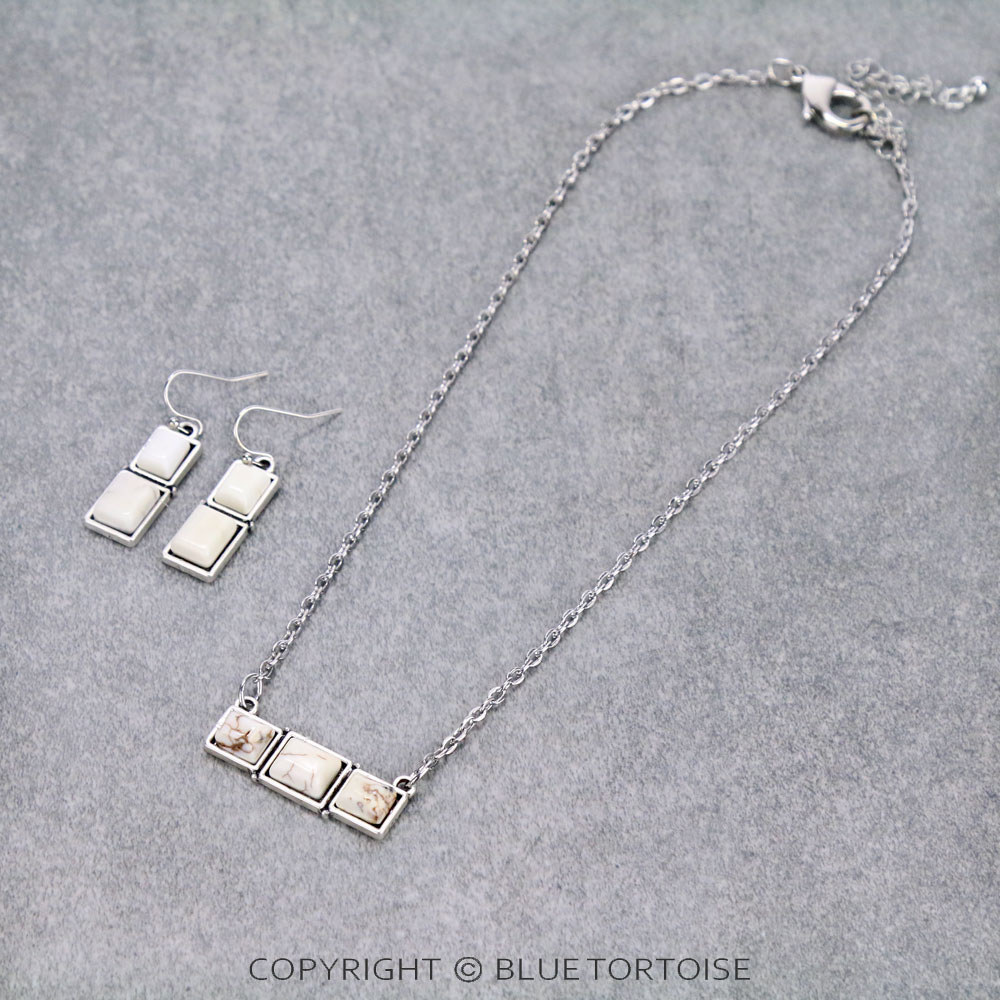 15" Long, Small Cable Chain Necklace, Bar Square Natural White Stone Pendant & Earrings