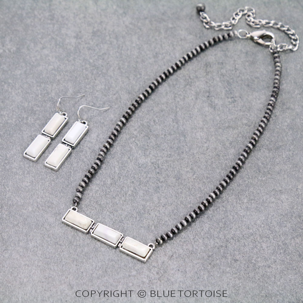 15" Long, Tiny 4mm Navajo Style Pearl Necklace, Bar Natural White Stone Pendant & Earrings