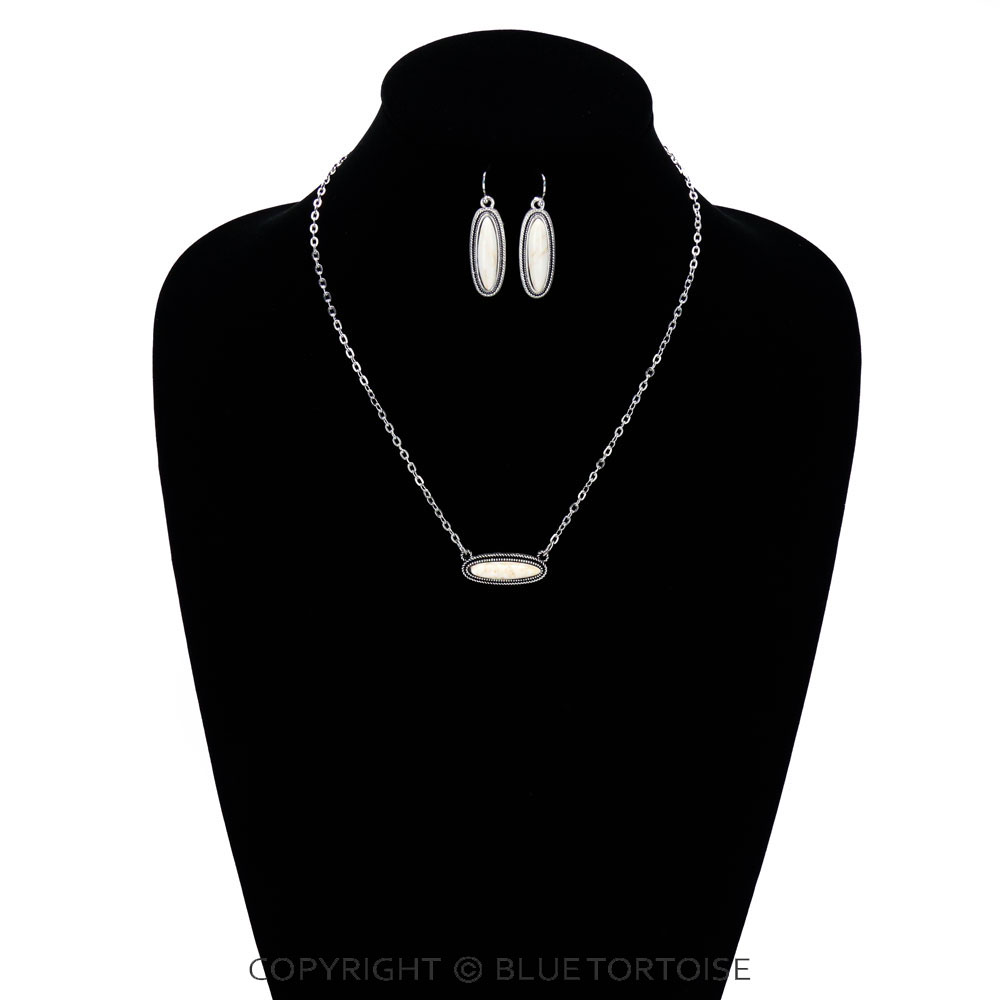 18" Long, Small Cable Chain Necklace, Natural White Stone Pendant & Earrings - Image 2