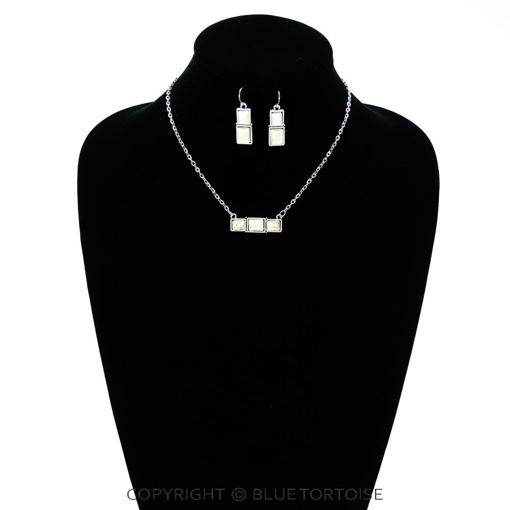 15" Long, Small Cable Chain Necklace, Bar Square Natural White Stone Pendant & Earrings - Image 2
