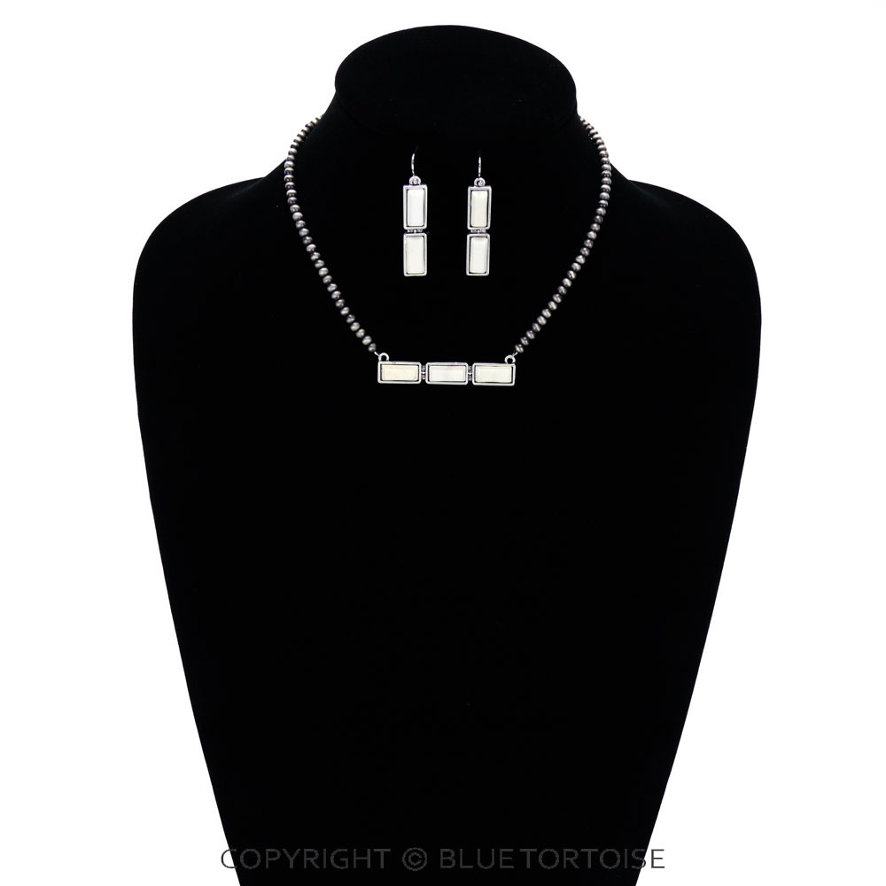 15" Long, Tiny 4mm Navajo Style Pearl Necklace, Bar Natural White Stone Pendant & Earrings - Image 2