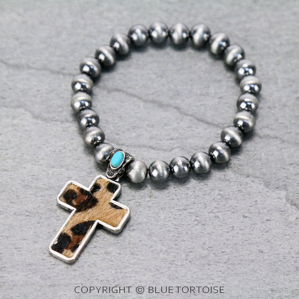 Genuine Leather Cross Fur Stretch Bracelet