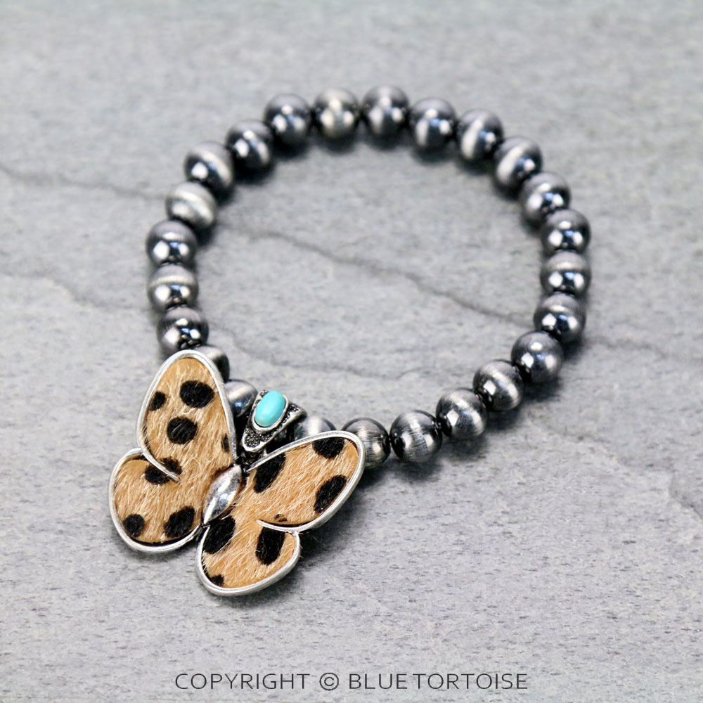 Genuine Leather Butterfly Fur Stretch Bracelet