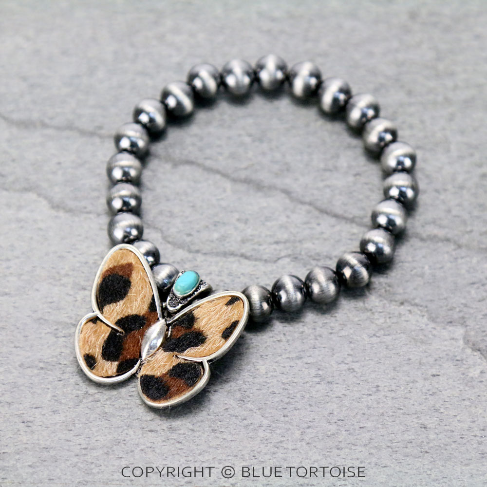 Genuine Leather Butterfly Fur Stretch Bracelet