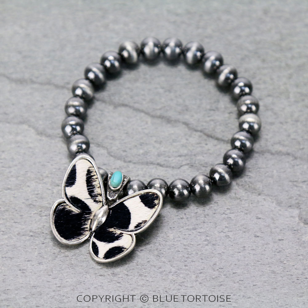 Genuine Leather Butterfly Fur Stretch Bracelet