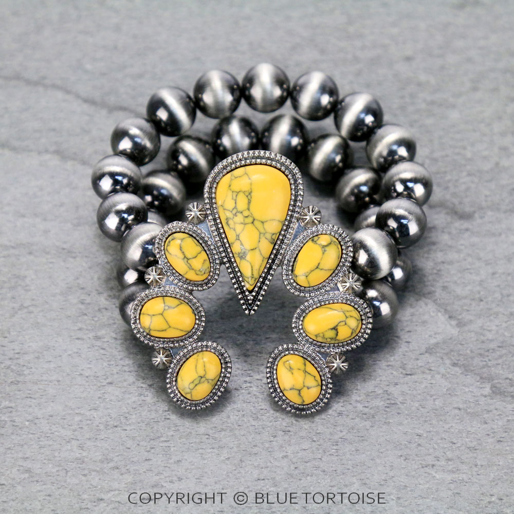 Navajo Style Bead with Squash Blossom Stone Stretch Bracelet