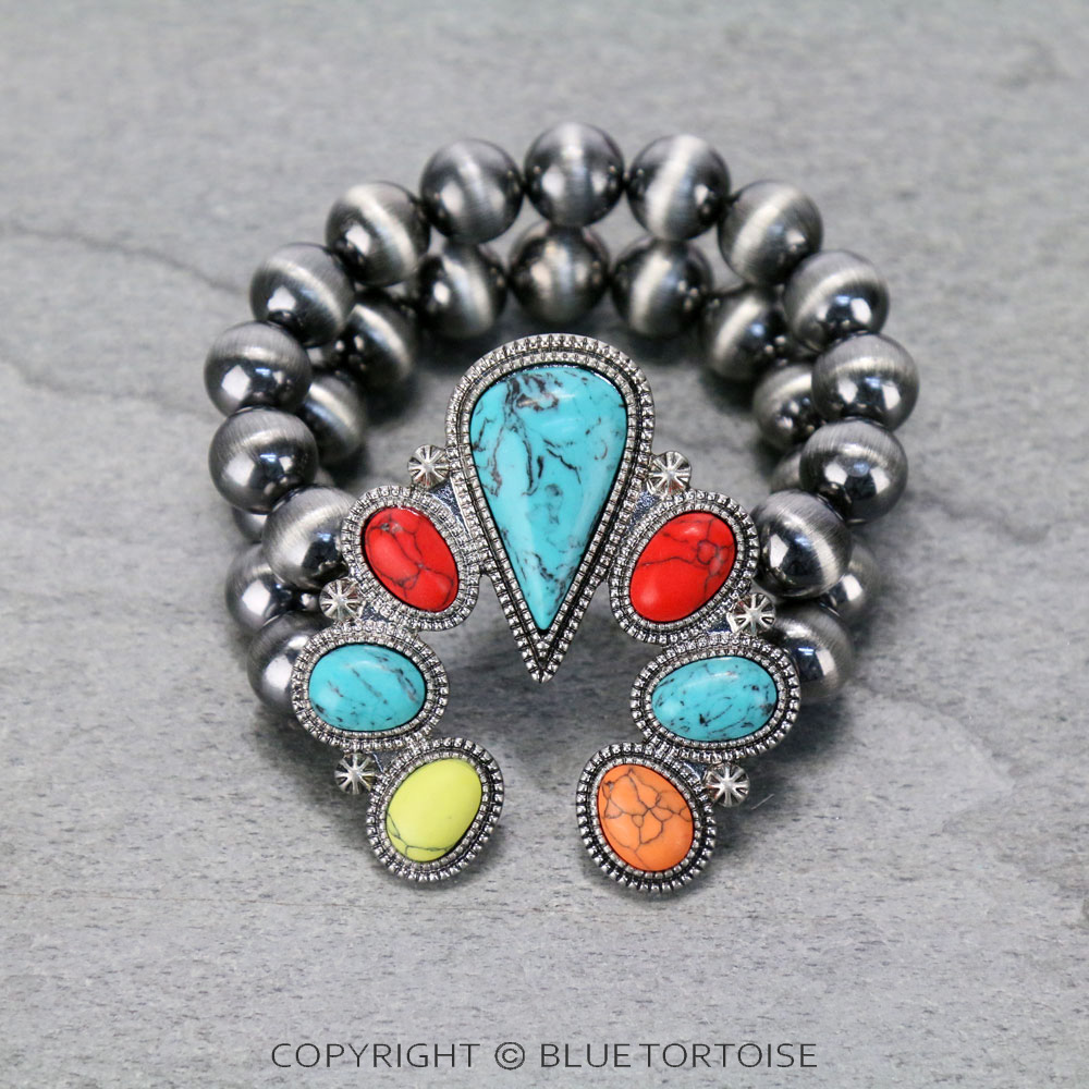 Navajo Style Bead with Squash Blossom Stone Stretch Bracelet