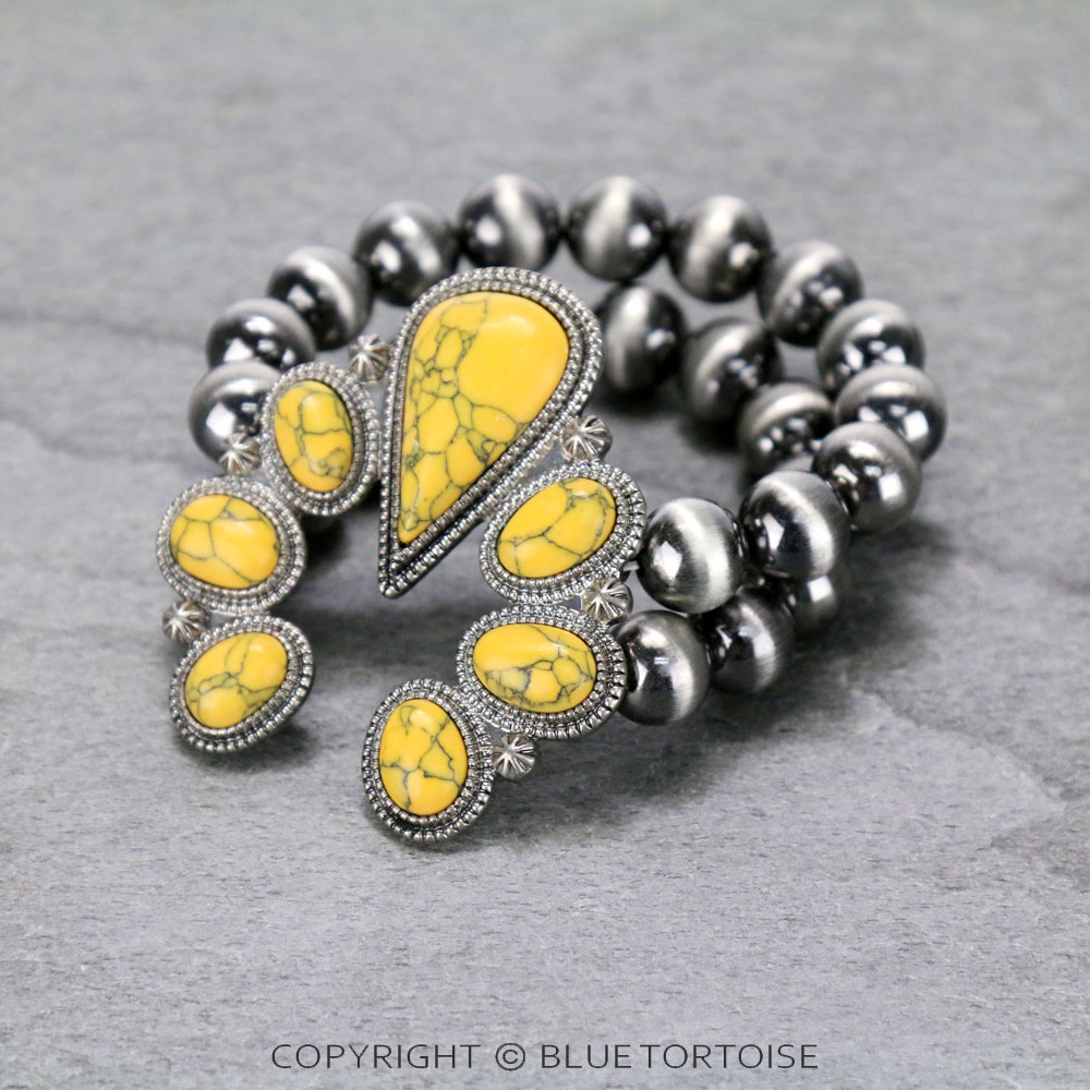 Navajo Style Bead with Squash Blossom Stone Stretch Bracelet - Image 2