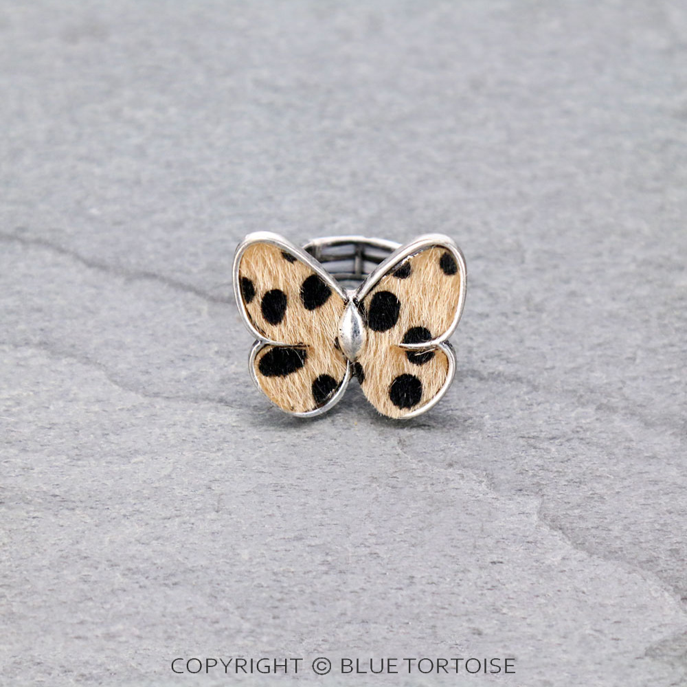 Genuine Leather Butterfly Fur Stretch Ring