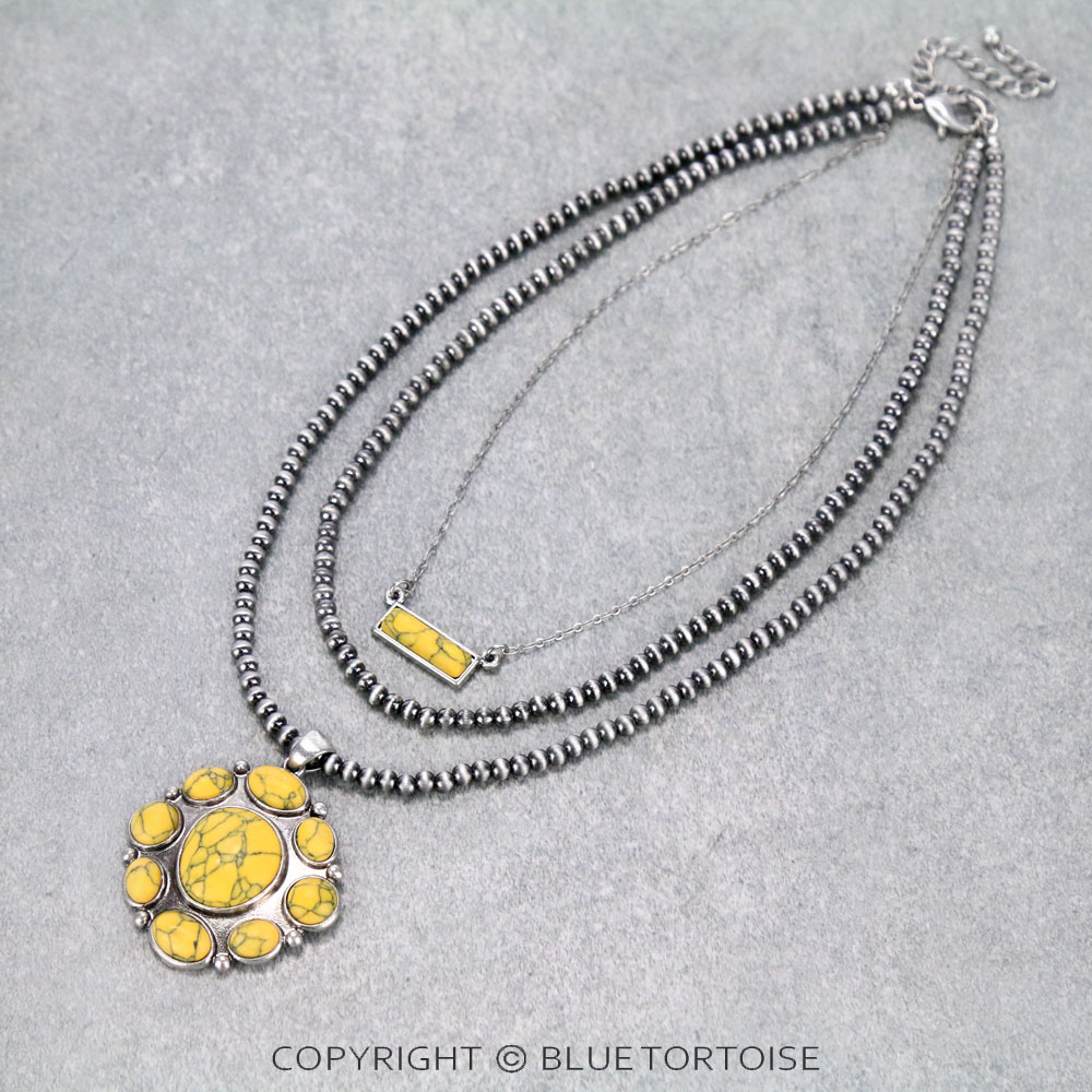 Multi Layered Navajo Style Bead with Concho Stone Pendant Necklace