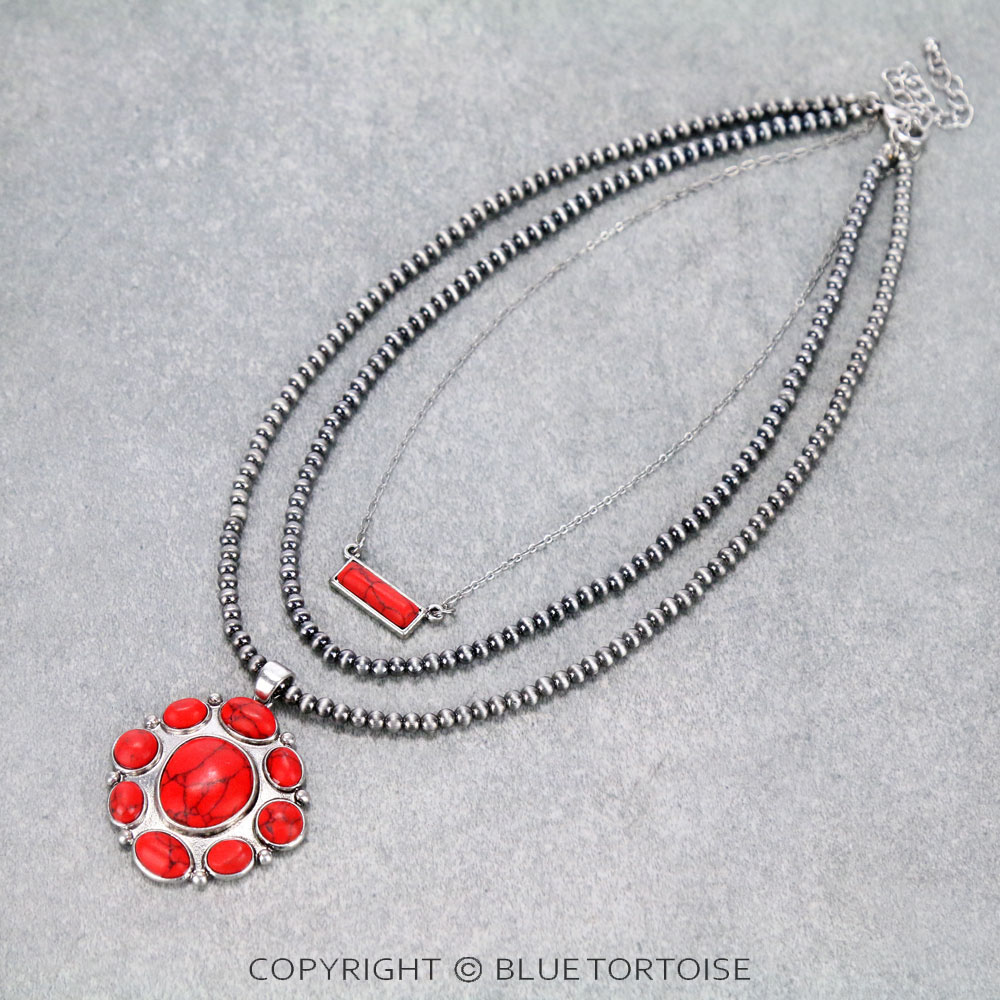 Multi Layered Navajo Style Bead with Concho Stone Pendant Necklace