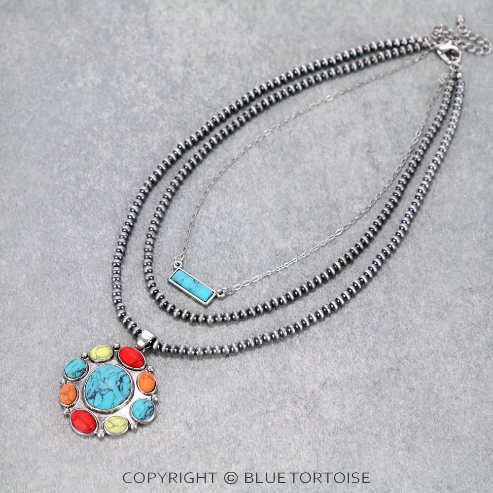 Multi Layered Navajo Style Bead with Concho Stone Pendant Necklace