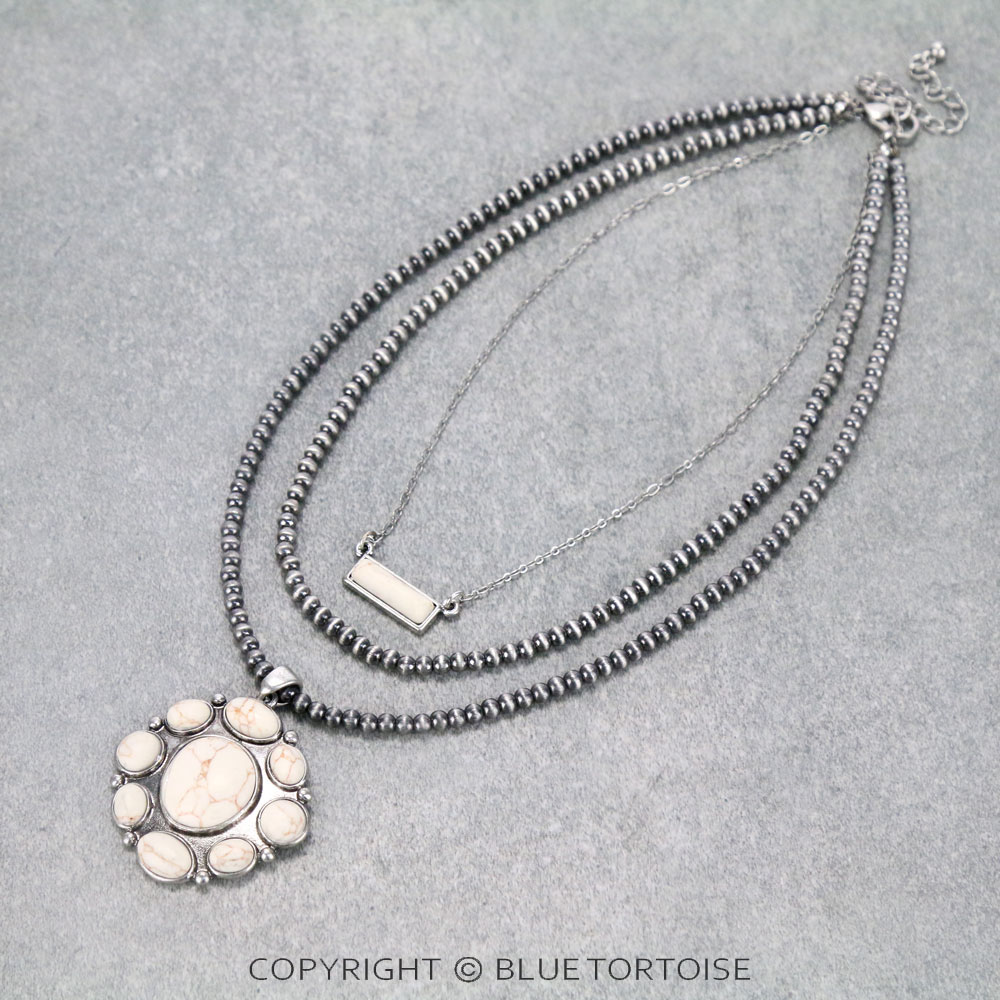 Multi Layered Navajo Style Bead with Concho Stone Pendant Necklace