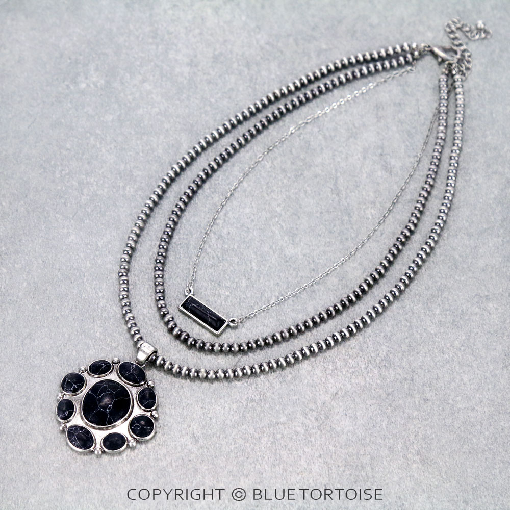 Multi Layered Navajo Style Bead with Concho Stone Pendant Necklace