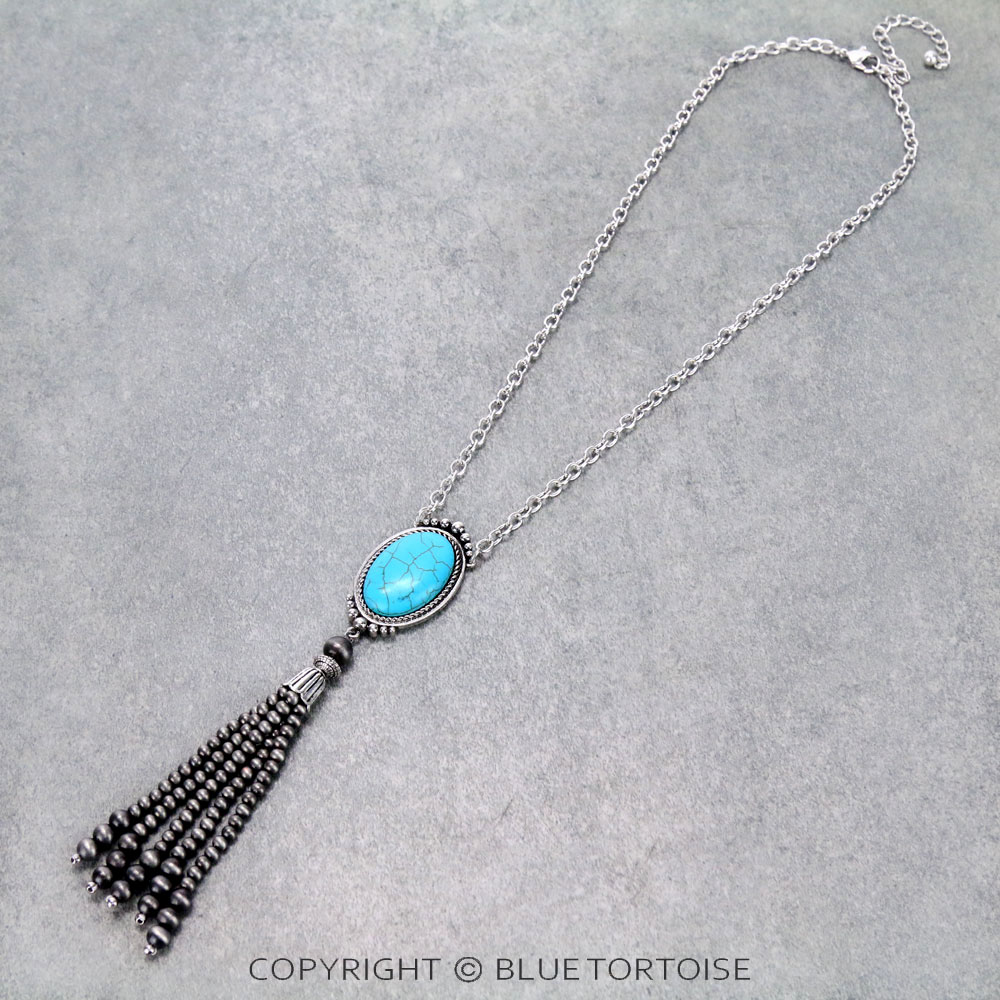 Oval Stone with Navajo Bead Tassel Necklace