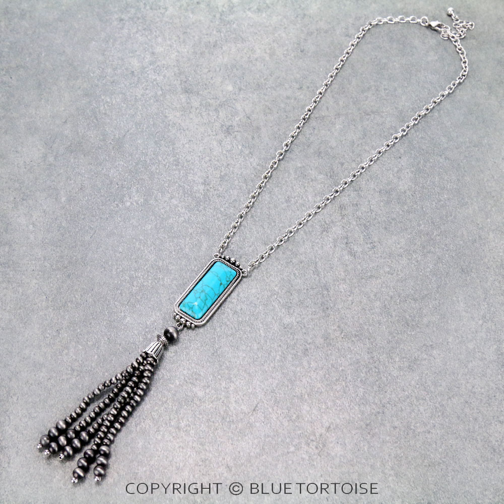 Rectangle Stone with Navajo Bead Tassel Necklace